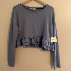 Cropped Long Sleeve Ruffle Hem Lapis Blue Y2K Top LARGE Arizona Jean Co NWT